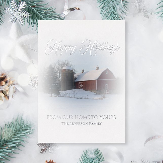 Snow Covered Red Barn Happy Holidays Foil Holiday Card (Creator Uploaded)