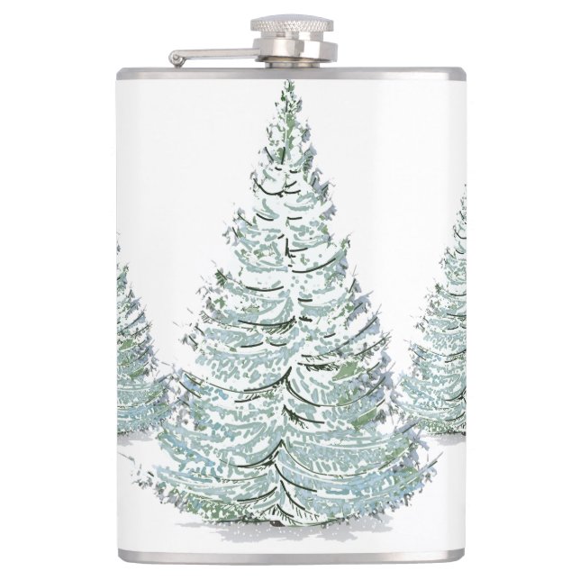 Snow Covered Spruce Trees Illustration Hip Flask (Front)