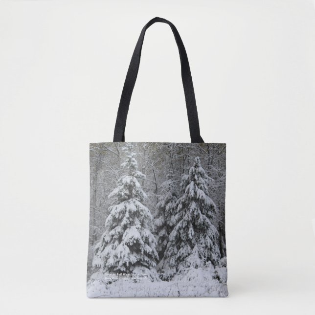 Snow Covered Tall White Spruce Tote Bag (Front)