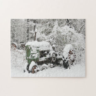 Snow Covered Tractor Parked near Woods Jigsaw Puzzle