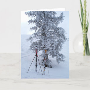 Snow-Covered Tree and Skis Holiday Card