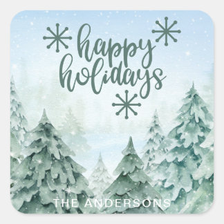 Snow Covered Trees Happy Holidays Square Sticker