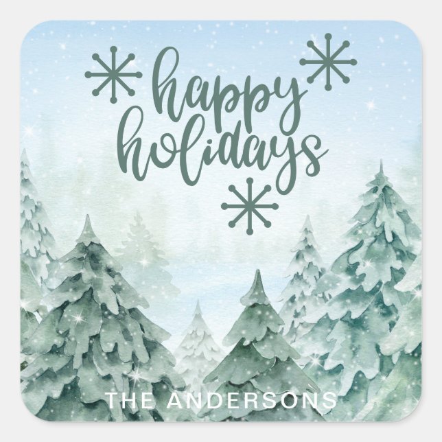 Snow Covered Trees Happy Holidays Square Sticker (Front)