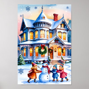 Snow-Covered Victorian House Wall Art Print Poster