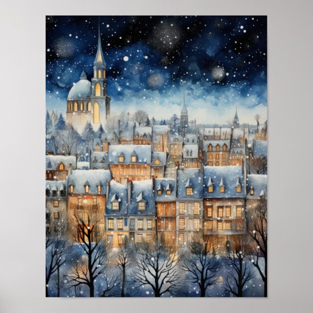 Snow Covered Village Blue Themed Poster (Front)