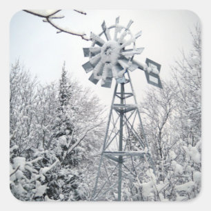 Snow Covered Windmill and Trees Winter Scene Square Sticker