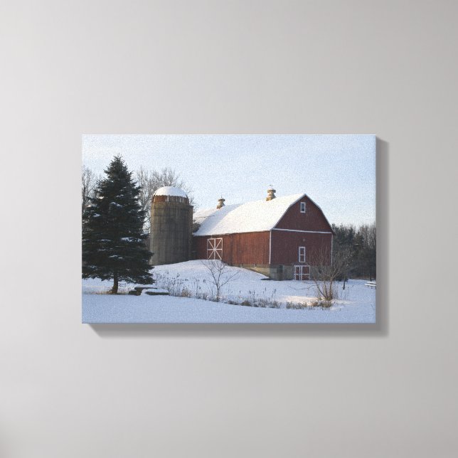 Snow Covered Winter Barn and Silo Canvas Print (Front)