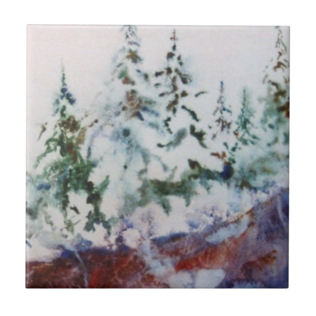 Snow covered winter pines on the edge of a cliff tile (Front)