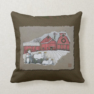 Snow Cows & Barn Throw Pillow