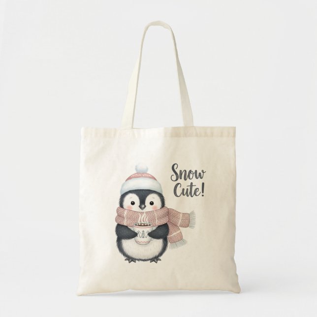 "Snow Cute!" Winter Penguin with Cocoa Mug Tote Bag (Front)