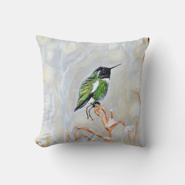 Snow Day Hummingbird Painting Postcard Throw Pillow (Front)