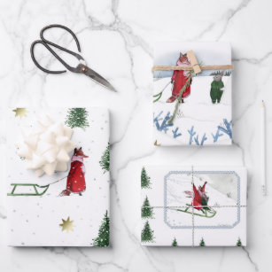Snow Day Of Fox And Rabbit Illustration Wrapping Paper Sheet