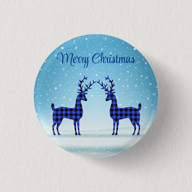 Snow Day with Blue Plaid Reindeer  1 Inch Round Button (Front)