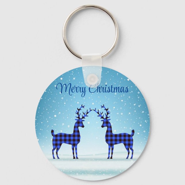 Snow Day with Blue Plaid Reindeer Keychain (Front)