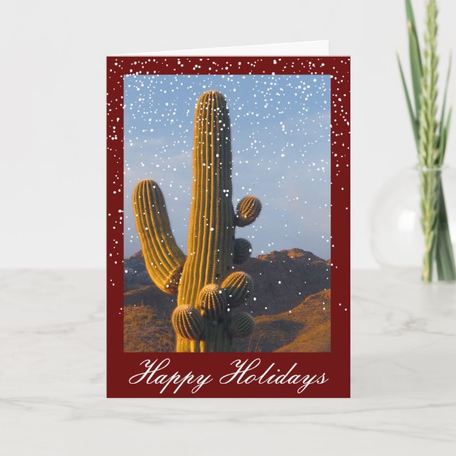 Snow Dust Saguaro Cactus Customizable Holiday Card (Front)