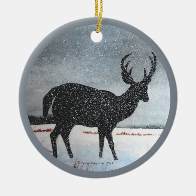 Snow Dusted Deer Ceramic Ornament (Front)