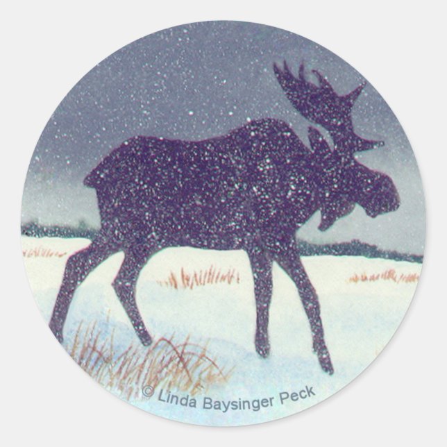 Snow Dusted Moose Design Classic Round Sticker (Front)