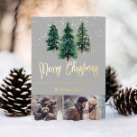 Snow elegant christmas trees family 2 photos Foil Holiday Card<br><div class="desc">A modern hand painted Christmas trees with falling snow  christmas 2 photos family card with hand painted green trees,  snow,  elegant script font on a light editable grey background with real gold foil.</div>