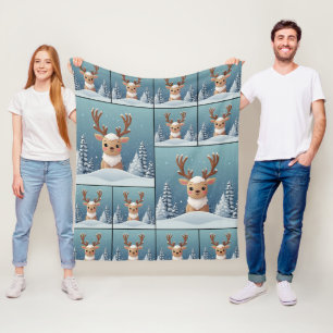 Snow Elk Cute Kawaii Brown Pattern Fleece Blanket