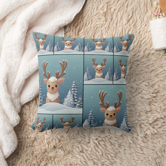 Snow Elk Cute Kawaii Brown Pattern Throw Pillow (Blanket)