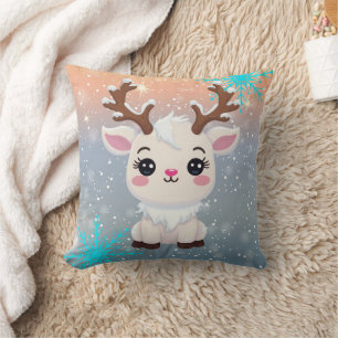 Snow Elk Cute Kawaii Print Throw Pillow
