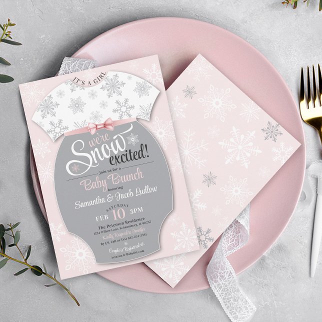 Snow Excited Baby Brunch Pink Snowflake Its A Girl Invitation (It's A Girl, We're SNOW Excited pink & gray baby bodysuit winter snowflake Baby Brunch invitation)