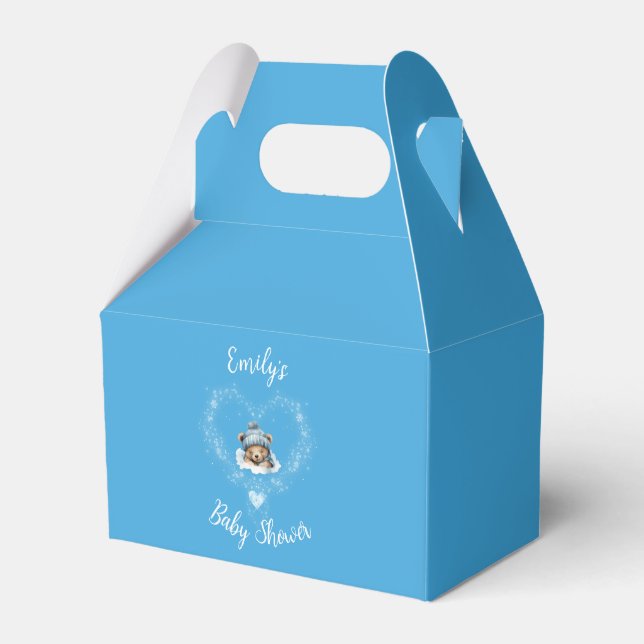 Snow Excited Blue Teddy Bear Baby Shower Favor Box (Front Side)