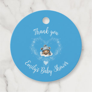Snow Excited Blue Teddy Bear Baby Shower Favour Tags