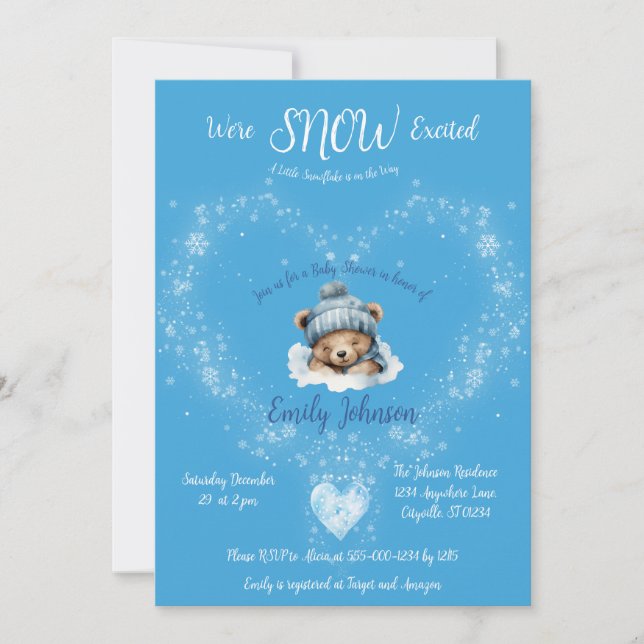 Snow Excited Blue Teddy Bear Baby Shower Invitation (Front)
