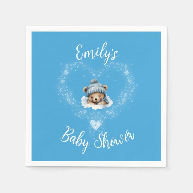 Snow Excited Blue Teddy Bear Baby Shower Napkin (Front)
