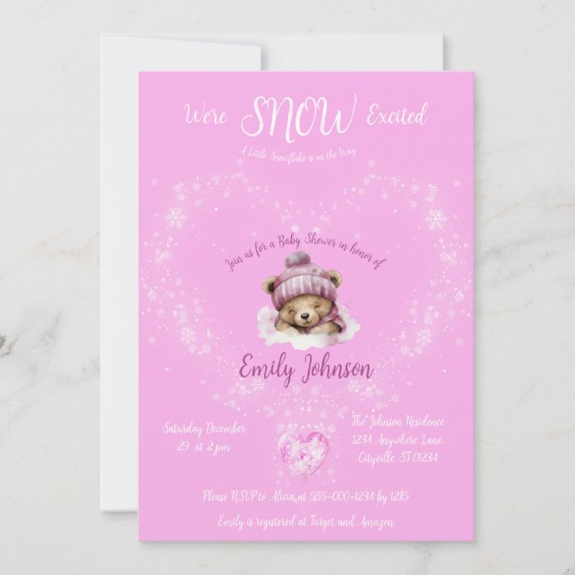 Snow Excited Pink Teddy Bear Baby Shower Invitation (Front)