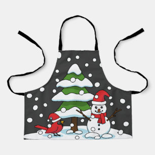 Snow Falling on Cardinal, Snowman and Pine Tree Apron