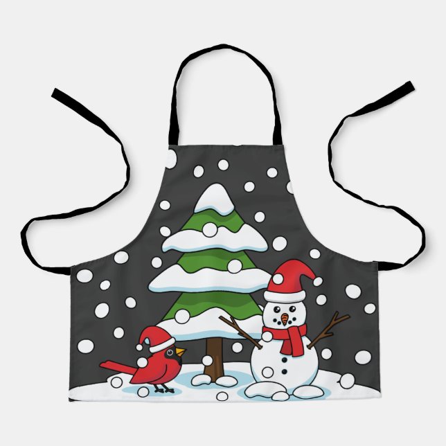 Snow Falling on Cardinal, Snowman and Pine Tree Apron (Front)