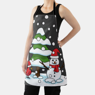 Snow Falling on Cardinal, Snowman and Pine Tree Apron