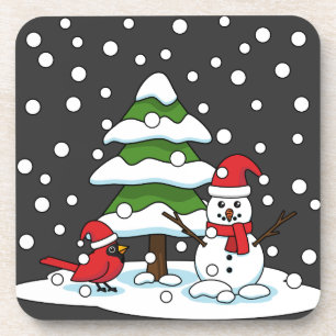 Snow Falling on Cardinal, Snowman and Pine Tree Coaster