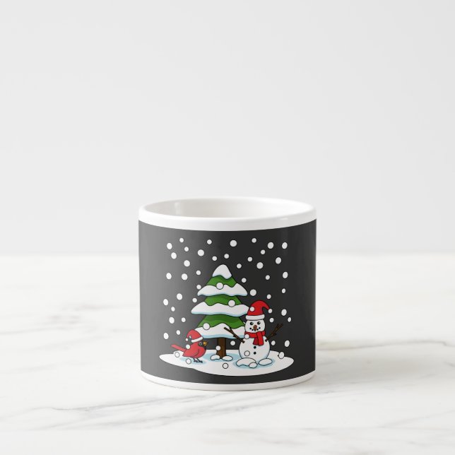 Snow Falling on Cardinal, Snowman and Pine Tree Espresso Cup (Front)