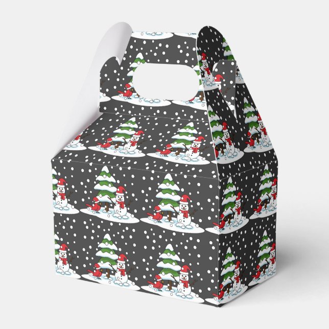 Snow Falling on Cardinal, Snowman and Pine Tree Favor Box (Front Side)