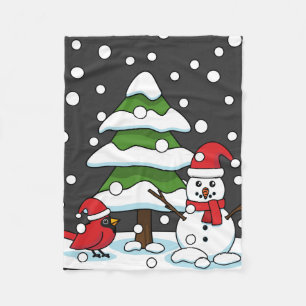 Snow Falling on Cardinal, Snowman and Pine Tree Fleece Blanket