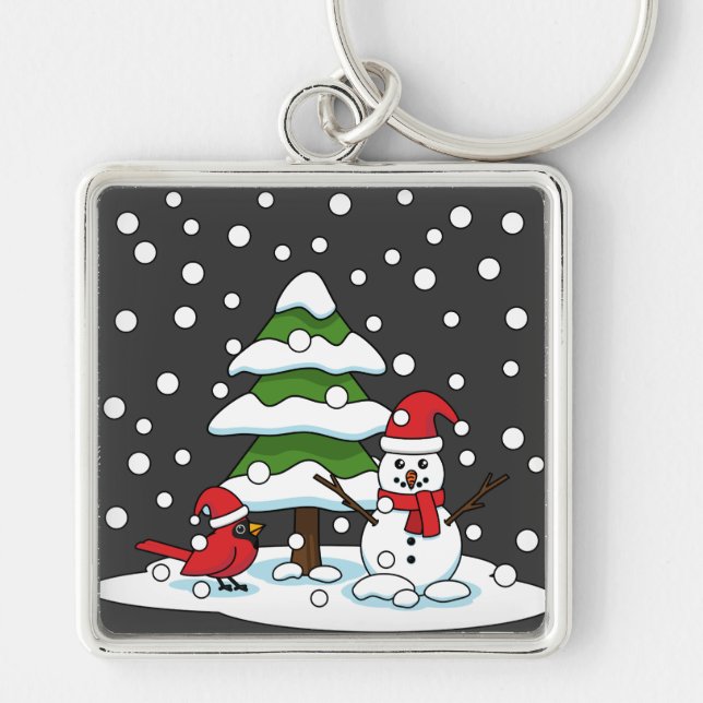 Snow Falling on Cardinal, Snowman and Pine Tree Keychain (Front)