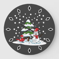 Snow Falling on Cardinal, Snowman and Pine Tree