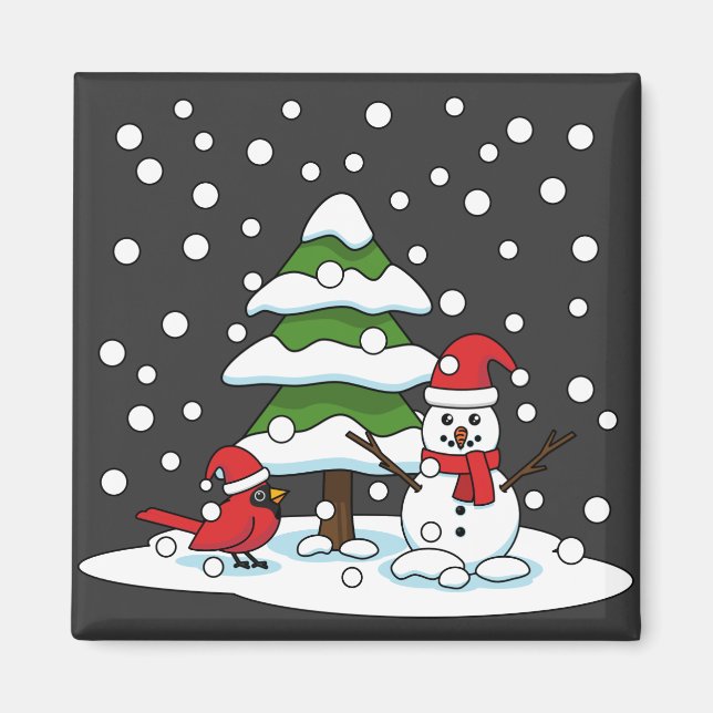 Snow Falling on Cardinal, Snowman and Pine Tree Magnet (Front)