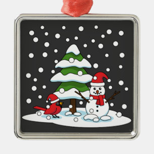 Snow Falling on Cardinal, Snowman and Pine Tree Metal Ornament