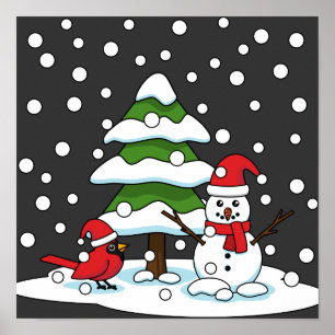 Snow Falling on Cardinal, Snowman and Pine Tree Poster