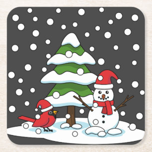 Snow Falling on Cardinal, Snowman and Pine Tree Square Paper Coaster