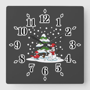 Snow Falling on Cardinal, Snowman and Pine Tree Square Wall Clock