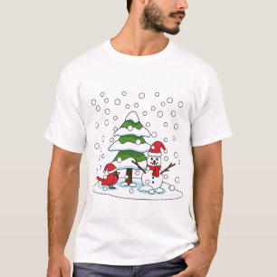 Snow Falling on Cardinal, Snowman and Pine Tree T-Shirt