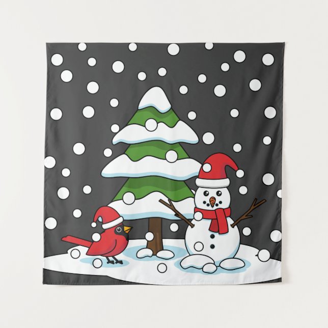Snow Falling on Cardinal, Snowman and Pine Tree Tapestry (Front)