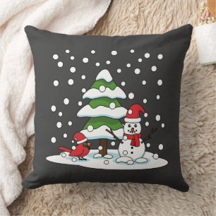 Snow Falling on Cardinal, Snowman and Pine Tree Throw Pillow