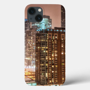 Snow falls over skyline at evening in Chicago iPhone 13 Case