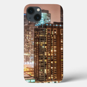 Snow falls over skyline at evening in Chicago iPhone 13 Case